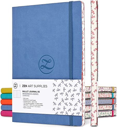 ZenART Punktiertes Notizbuch aus Kunstleder - Größe B5, 17,8 x 25,4 cm, 120g/m² Premiumpapier, Notizbuch mit lebhaften Farben, japanisches Randmotiv - Layflat, Punkt Raster zum Notieren