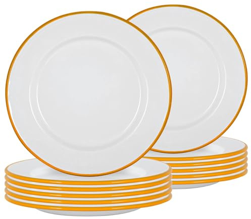 Argon Tableware Enamel Dinner Plates - 25.5cm - Pack of 12 - Yellow Dining Plates Lightweight Camping Large Dinner Dish for Appetisers, Starters, Mains, Sides, Desserts