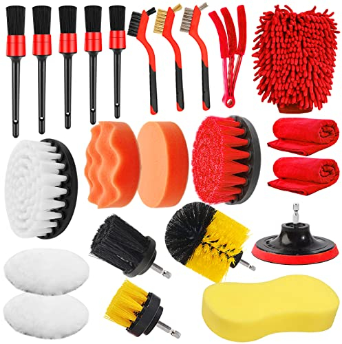 Yumzeco 23PCS Lot de Brosse Nettoyage Voiture,Pinceau Detailing Auto,Kit de Brosse Nettoyage Voiture Interieur Exterieur,Brosse Nettoyage Perceuse Électrique,Brosse Jante Voiture,Kit Polissage Voiture
