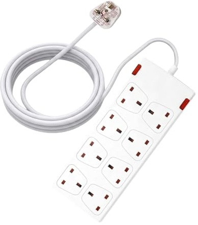 Extension Lead UK Pin Plug and Cable, 8 Gang Way Socket Outlets Power Strips (13 A) Surge Protection Plug with 5m Extension Cord for Multiple Appliances of Home,Office-White