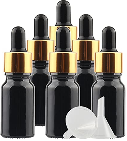 ZEOABSY 24 Stück 10 ml Glänz Schwarzglas Pipettenflasche mit Gold Pipettenring, Leere Schwarz Glasflasche Glastropfer Glaspipette Tropfflaschen für Ätherische Öle Aromatherapie