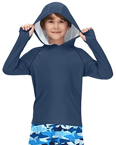 BesserBay UV-skjorta för pojkar, långärmad med huva, UPF50+ Rashguard, barn, 120–160, Marinblå, 120