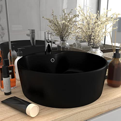 HOMIUSE Lavabo di lusso con ripieno, nero opaco, 36 x 13 cm, in ceramica, lavabo da appoggio con troppopieno e foro per rubinetto
