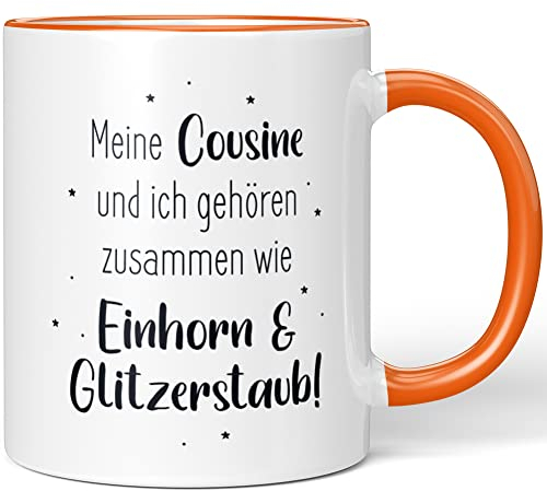 JUNIWORDS Tasse, Meine Cousine und ich gehören zusammen wie Einhorn & Glitzerstaub!, Orange (1008692)