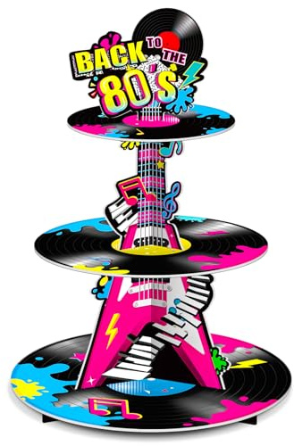 BenLouis 3Tier 80s Cupcake Stand Birthday Party Decorations | Back to the 80s cupcake toppers, retro 1980s cupcake holder, hippie dessert tower table decoration supplies
