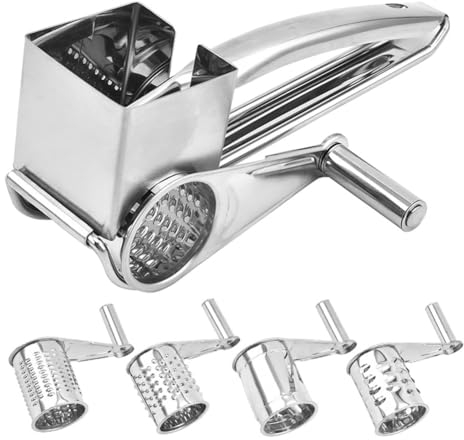 QUTBAG Kommerzieller Käsehobel, manuelle 4-in-1-Käsereibe, Edelstahl-Gemüseschredder, Schneidmühle zum Reiben von Schokolade, Hartkäse, Nüssen und Gemüse
