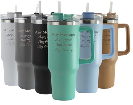 Personalised Engraved Thermal Tumbler, 40oz/1135ml Insulated Travel Cup, Large Teal Travel Coffee Mug, Customise with Any Message and Font, Stainless Steel, Straw and Handle