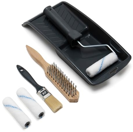 Malerset Klein 5tlg für Kleinflächen - Farbroller 10cm + 2 Ersatzrolle + Farbwanne + Pinsel 30mm + Drahtbürste