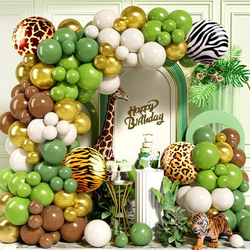 Kit Ghirlanda Arco Palloncini Giungla, 121 Pezzi Palloncini Oro Bianco Verde Salvia con Palloncini con Motivo Animali per Safari Selvaggio Tema Ragazzi Compleanno Baby Shower Festa Decorazione