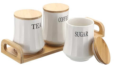 BTSKY 3pcs Ceramic Sugar Coffee Tea Storage Canisters with Wooden Lid and Tray - White Airtight Storage Containers Food Storage Jars for Farmhouse Kitchen Counter