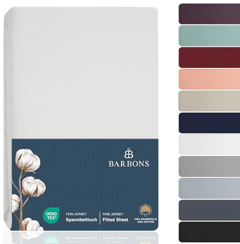 BARBONS Spannbettlaken 140x200cm - 100% Baumwolle Spannbetttuch Oeko-TEX Zertifiziert Bettlaken Jersey Bettwaren und Bettbezug für Boxspringbett und Dicke Matratzen bis 27 cm - Weiss 140 x 200