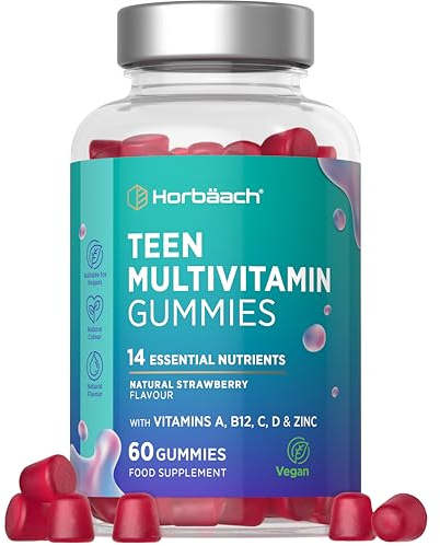 Multivitamines Adolescent | 60 Gummies Vegan - Sans Huile de Palme | Goût Fraise | 14 Actifs Essentiels | Complément Alimentaire avec Vitamine A B12 C D & Zinc | Teen Multivitamin Supplement |Horbaach