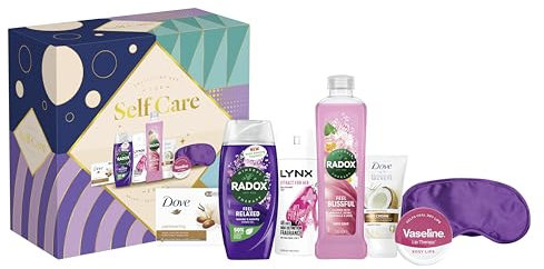 Radox, Lynx, Dove & Vaseline Self Care Collection Box 6 piece Gift Set with an Eye Mask, Body Wash, Bath Soak, Hand Cream, Lip Balm, Beauty Bar and Body Spray Deodorant