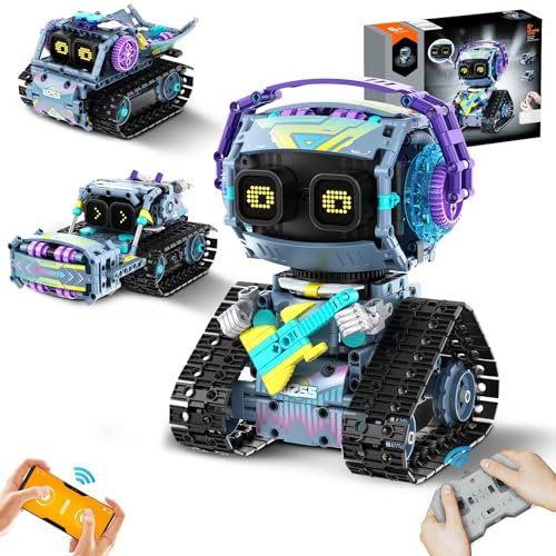 IKIDSUN Technik Roboter Kinder für Jungen, 3 in 1 Roboticset mit App & Fernsteuerung, Gitarrist-Roboter/Transport/Straßenwalze Programmierbares Bauspielzeug, Geschenke für Jungs Mädchen 6-12+ Jahre