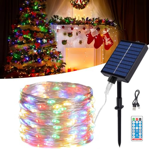 MOLVCE Catena di luci solari per esterni, 30 m, 300 LED, per esterni, con filo di rame, IP65, impermeabile, con 8 modalità e telecomando, catena di luci solari per balcone, cortile, multicolore