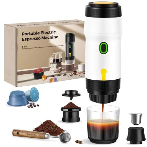 ICARE 3-in-1 Tragbare Kaffeemaschine, 20BAR, 92°C Extraktion, USB/12V Auto-Ladung 7500mAh Akku Espressomaschine für Auto, Camping Kaffeemaschine Klein Kompatibel mit Kapseln und Kaffeepulver, Weiß