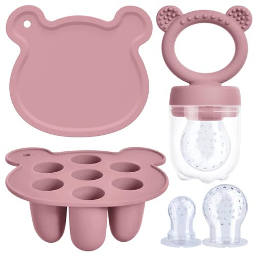 Aolso Bebé Comedero de Frutas, Moldes de Paletas Leche Materna para Bebés, Alimentador de Silicona Sin BPA para la Autoalimentación Segura del Bebé,Bandejas para Congeladores de Alimentos-Rosa Oscuro