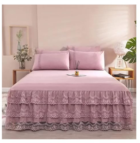 YGSGJSP Jupe de lit Jupe de lit en Dentelle, Couvre-lit d'été en Satin Solide Rayonne, Linge de lit Simple, Double, Queen, King Size, Drap de lit(Dark Pink,1pc 200cmx220cm)