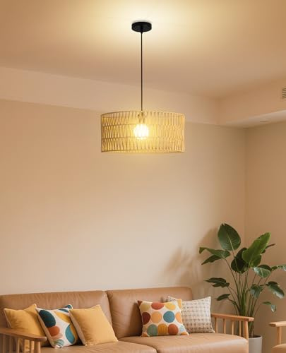 JAYNLT Rattan Lampe - Boho Pendelleuchte Esstisch, E27 Rattan Deckenlampe Hängend, Vintage Decken Hängeleuchte für Schlafzimmer Küche Wohnzimmer - Ø30cm