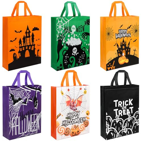 RICEDUO 6 Stück Große Halloween Geschenktüten Tasche Mit Griffen - Halloween Trick-or-Treat Taschen - Wiederverwendbare Süßigkeiten-Tüten für Kinder & Erwachsene - Partyzubehör Geschenke, 38x30x10 cm