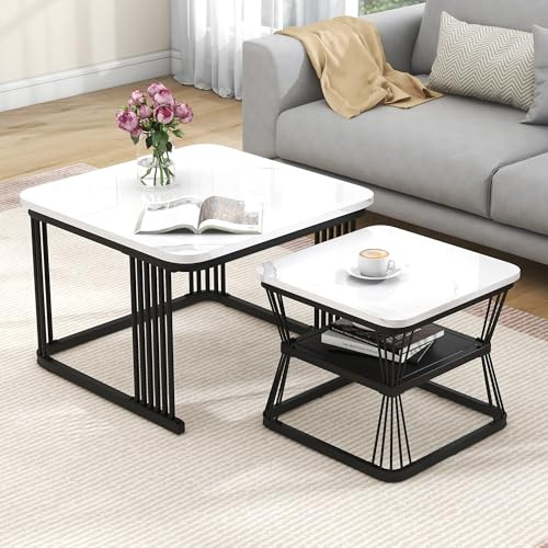 QueZeiah Quadratisch Couchtisch 2er Set,Satztische fürs Wohnzimmer,Couchtisch Marmor Optik,Modern Wohnzimmertisch mit Stauraum,für Wohnzimmer,Balkon und Büro,Metallgestell,Weiß und Schwarz