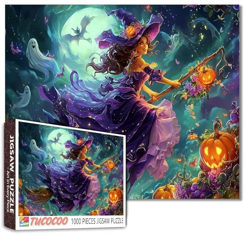 Halloween Broomstick Puzzle 1000 Piece for Adults, Halloween Magic Witch Jigsaw Puzzle,Horror Ghost Spooky Jigsaw Puzzles Perfect for Game Nights