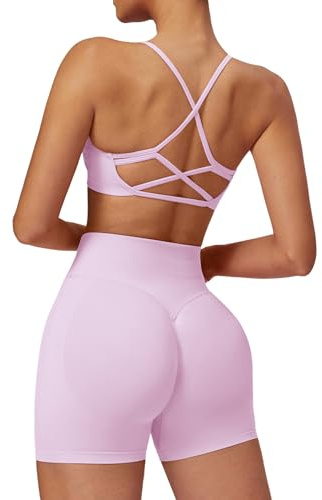Odizli Damen Crossback Rückenfrei Sport BH + High Waist Shorts Outfit Fitness Gym Workout Yoga Sportkleidung