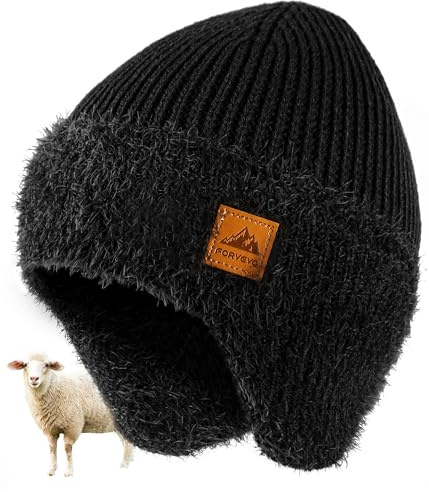FORVEVO Mens Beanie Hat with Earflaps, Winter Hats with Thick Warm Fleece Lining, Thermal Knit Wooly Beanie Hats for Winter Daily Life Outdoor Running Skiing, Black