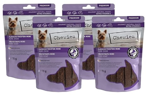 Chewies Fleischstreifen MINI Hundeleckerli aus 100% Ziege - 4 x 70 g - Snack für Hunde - luftgetrocknete Ziegenfleisch Kaustreifen - hypoallergen & getreidefrei - Dörrfleisch von der Ziege