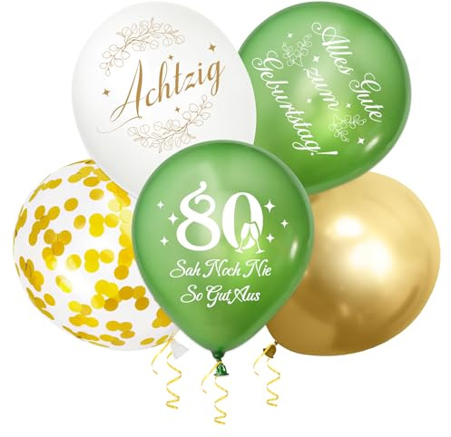 WenmthG Luftballons 80 Geburtstag Deko Männer Frauen, 30 Stück Luftballons Deko 80. Geburtstags Mann Frau - Alles Gute zum 80. Geburtstag Konfetti Ballon Party - Salbeigrüne Gold 80 Geburtstagsdeko
