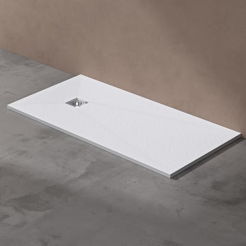 doporro Receveur de Douche Rectangulaire Ultra Plat 90x160x3cm Bac à Douche | Solid Surface, Blanc Mat, avec Bonde AL06, Geoma09