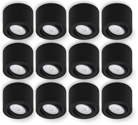 Oktaplex 12 Stück LED Aufbauspot Lile Schwarz dimmbar 4,9W 370lm | 230V, 4000K Warmweiß, 80x50mm, Aufputz Aufbaustrahler Aluminium Schwenkbar