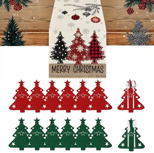 12 Piezas Soporte para Cubiertos Navideños, Porta Cubiertos Navideños Bolsas, Camino de Mesa Navidad 183*33 cm, Tablewares Decoración de Mesa de Fiesta, Tablewares en Forma de árbol de Navidad