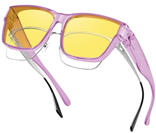 Nlieanuc Polarisierte Nachtfahrbrille für Brillenträger - Nachtsichtbrille Überzieh Sonnenbrille Gelbe Gläser für Herren Damen Autofahrer Night Vision Goggles (Klarviolettgelb)