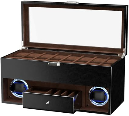 XTELARY Double Remontoir pour 2 Montres automatiques avec vitrine de Montre à 16 Compartiments, boîte à tiroirs, 4 Modes de Rotation, Coussin de Montre réglable et lumière LED Bleue pour Les Amateurs
