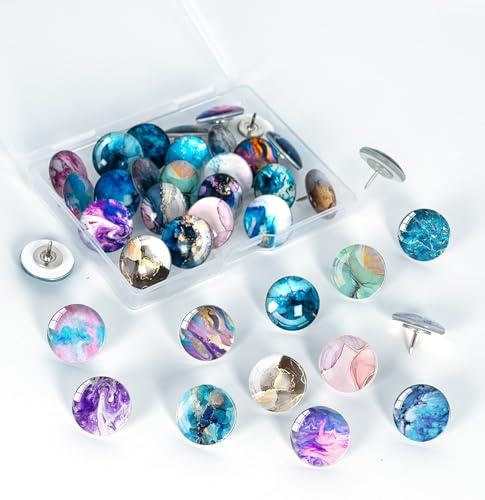 SHOFUL 30 Stück Reißzwecken Marmor Push Pins für Pinnwand Deko Glas Kopf Reißzwecken Korkboard Büro Schule Zuhause Schwarz Weiß Grau,Stecknadeln für Pinnwände