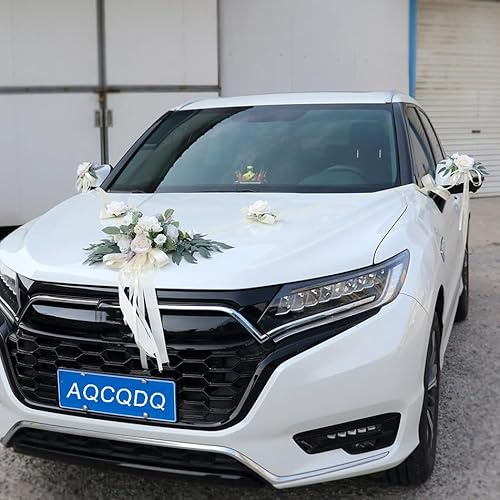AQCQDQ 10 Stück Autoschmuck Hochzeit, Auto Hochzeitsschmuck mit Saugnapf, Weiß Auto Verschönert Rückspiegel Türgriff Motorhaube Hochzeitsdeko für Brautauto