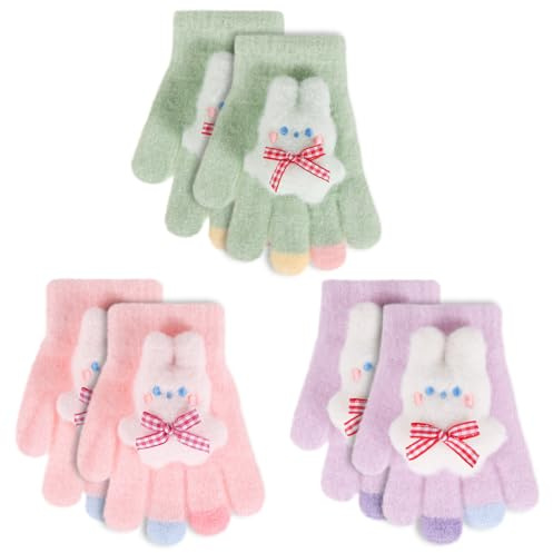 Jupsk 3 Pares Guantes de Invierno para Niñas, Guantes Térmicos Dedos Completos Manopla para Infantiles Niño Pequeño 2-5 Años （Conejito）
