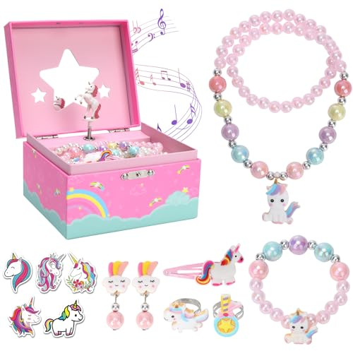 RVLZKCPG Schmuckkästchen Mädchen, Musikalisches Schmuckkästchen Kinder mit Spiegel, Spieluhr Schmuckschatulle mit 7 Einhorn Schmucksets, Spieluhr Einhorn Geschenke für Mädchen