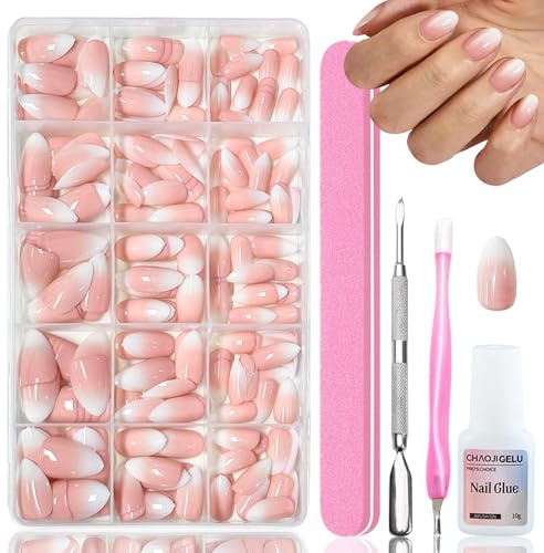 240 Stück Rosa Gradient Künstliche Nägel zum aufkleben - Kurz French Press On Nails Almond, Full Cover Soft Gel Fingernägel, mit Nagelkleber - Ombre Fake Nägel für Frauen DIY Nageldesign