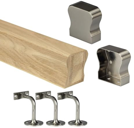 Oak HR Wall Mounted Handrail Kit Oak Handrail with End Caps & Wall Brackets - Chrome, Black, Nickel - 1800mm 2400mm 3600mm 4200mm Lengths (Brushed Nickel, 1800mm)