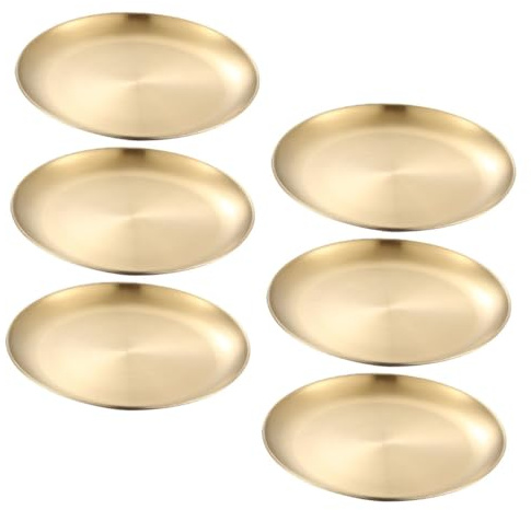 POPETPOP Lot de 6 Assiettes en Acier Inoxydable Doré 14 CM, Plateau Rond Léger et Résistant, pour Camping et Pique-Niques, Vaisselle Réutilisable et Facile à Nettoyer, Articles Cuisine