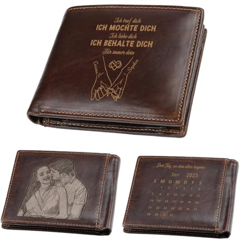 Grovjewfit Personalisierte Herren Geldbörse mit Foto Namen Datum Gravur Ich Liebe Dich Ich behalte Dich Leder Portemonnaie Geschenk für Jahrestag Geburtstag Valentinstag (Style 2)
