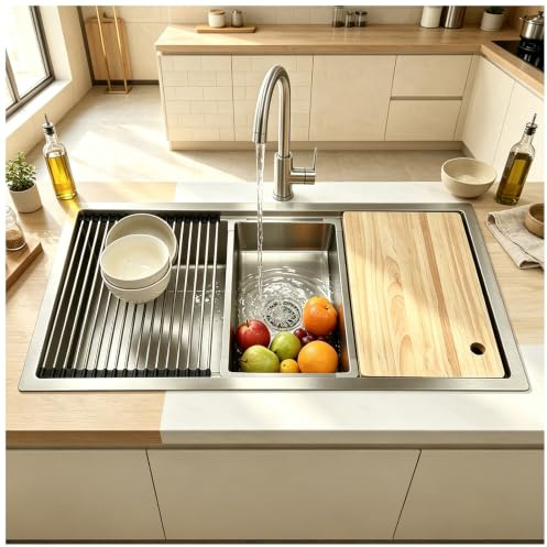 JUNFUNNLE Kitchen Sink, Stainless Steel Large Basin, 1 Basin Built-in Sink, Kitchen Sink with Stainless Steel Grid, Draining Rack, Drain Fitting and Overflow Kit (Silver-c, 90 x 50 x 22 cm)