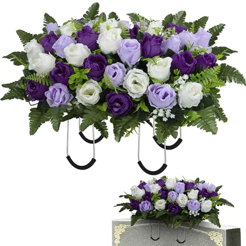 SIFOEL Künstliche Friedhofsblumen-Sättel, Künstliche Gedenkrosenblumen, Grab-Sättel für den Außenbereich zur Dekoration von Grabsteinen, 60 cm x 42 cm x 15 cm, 48 Rosenblüten, Lila & Weiß