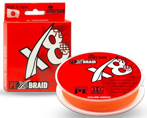 Wild Devil Baits X8 Braid Fire Orange Japan PE 8-Fach rund geflochtene Angelschnur Braided Fishing Line (150m, 0,18mm)