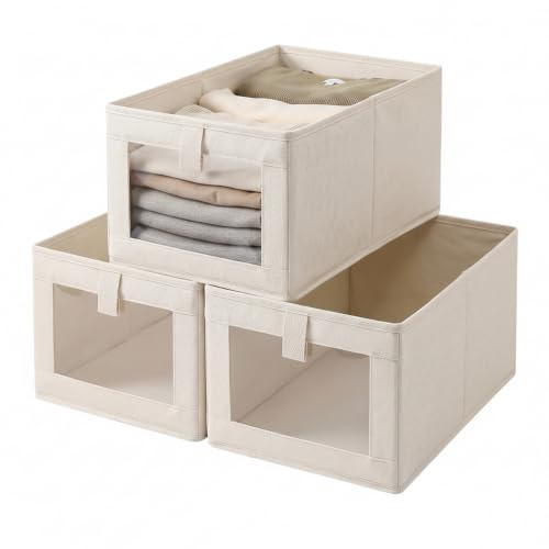 3er Set Faltbare Aufbewahrungsbox Stoff 41x28x1 cm Kleiderschrank Organizer | Faltbox Aufbewahrungskiste Ordnungsbox Wardrobe Organizer mit Transparentem Sichtfenster für Kleidung Spielzeug Kosmetik