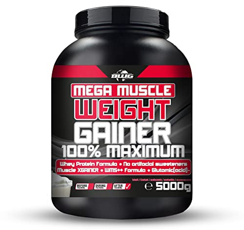BWG Mega Muscle Weight Gainer 100% Maximum - perfekt für HardGainer und Massephasen – Kraftaufbau - Mega Vanilla - Dose mit Dosierlöffel - (1x 5000g Dose)