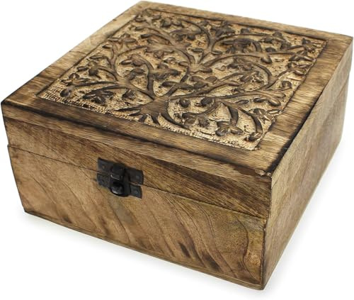 TEMPELWELT Holzbox Schatulle Holzkästchen Lebensbaum 17x17x10cm, Mango Holz massiv braun geflammt, Schnitzerei Baum Motiv, Schatzkistchen Schmuckkiste, Klappdeckel