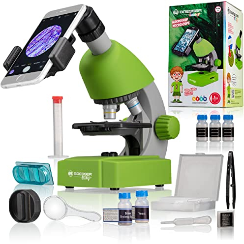 Bresser Junior Microscope pour enfants éclairage LED réglable support pour smartphone préparation de spécimens et échantillons préparés pour l'éducation et l'exploration microcosmique Vert